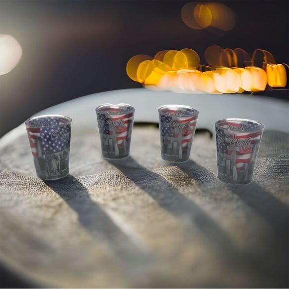 4 USA Flag New York Landscape Frosted Smokey Black Shot Glasses Set NWT!! - Picture 1 of 4